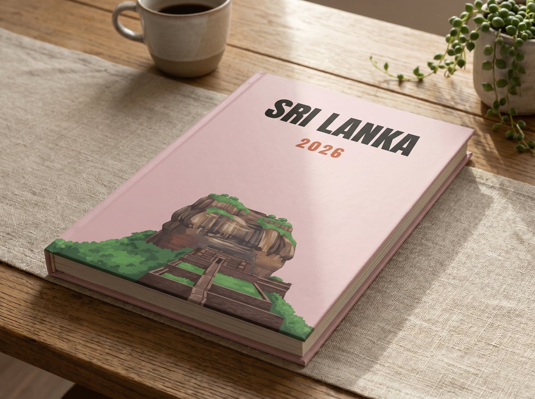 A Wanderbook hardcover with a pink Sri Lanka cover showing the Sigiriya rock illustration, resting on a wooden table beside a cup of coffee.